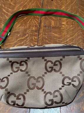 Brown GG Monogram Canvas Waist Bag with Green-Red Strap